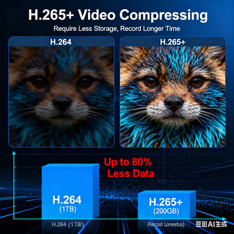 Comparison of video quality and compression between H.264 and H.265+ formats, with graphics highlighting data reduction.