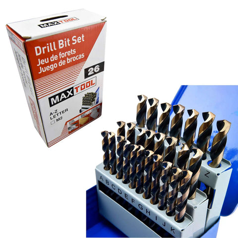 26 Piece Twist Drill Bit Set HSS M2 High Speed Steel Jobber Length Fully Ground For Metal Wood Plastic Includes A to Z Letter Bits