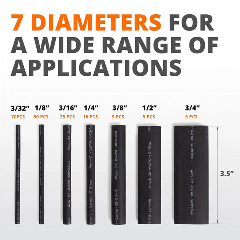 Black heat shrink tubing kit, 180 pcs, seven diameters from 3/32 in to 3/4 in.