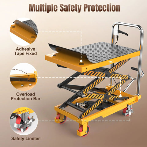 Tera hydraulic lift table cart LT1502, 3/4 perspective view, yellow frame, diamond-plate top