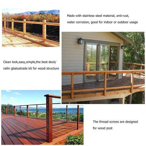 Stainless Steel 3/16 Inch Wire Rope Lag Screws Cable Railing Kit for Wood Posts on Outdoor Deck with Scenic View