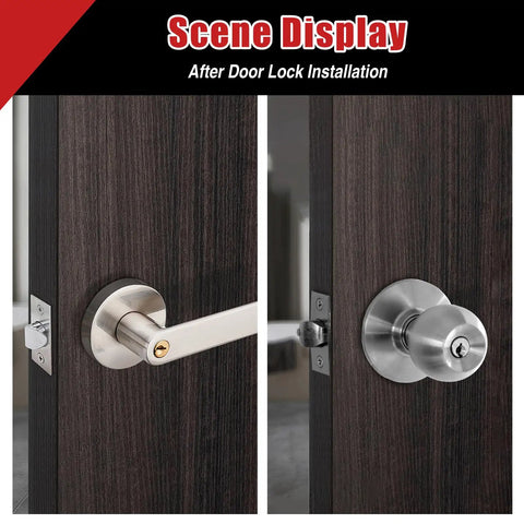 Scene display of door lock installation on wooden door using Door Lock Installation Kit With High Carbon Steel Hole Saw Set.