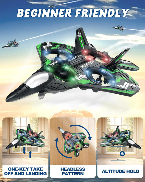 Kids RC Plane Drone For Boys And Girls, Remote Control Airplane With LED Lights, 360 Flip Stunts flying with features highlighted
