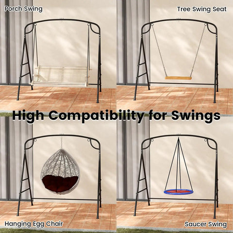 Heavy Duty Hammock Stand With A Frame For Porch Lawn Garden Backyard Supports Up To 660 Lbs Four Reinforced Crossbars Two Hanging Options Indoor Outdoor Swing Frame in use with porch swing, tree swing seat, hanging egg chair, and saucer swing.