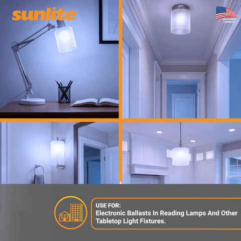 Quad Tube Plug In CFL Lamp 27W 1500 Lumens 6500K Crisp Daylight GX10q4 4 Pin Base indoors use shown in desk and ceiling fixtures