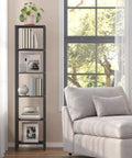 Tall Narrow Bookshelf Featuring Six Tier Open Shelves Compact Slim Design Versatile End Table Pair, displaying books and decor.