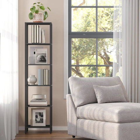 Tall Narrow Bookshelf Featuring Six Tier Open Shelves Compact Slim Design Versatile End Table Pair, displaying books and decor.