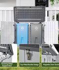 Outdoor Resin Storage Cabinet With 35 Cu Ft Capacity Waterproof Horizontal Shed, open view with garbage bins inside, white design