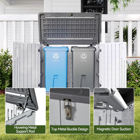 Outdoor Resin Storage Cabinet With 35 Cu Ft Capacity Waterproof Horizontal Shed, open view with garbage bins inside, white design