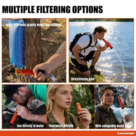 Ultralight Survival Water Filter Straw with Emergency Whistle for Camping and Hiking, shown with multiple filtering options