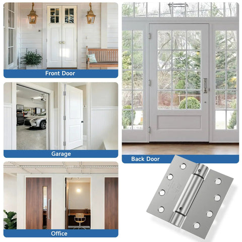 4.5 Inch Self Closing Door Hinges Brushed Nickel 2 Pack Square Spring Hinges displayed in various home settings like front and back doors.