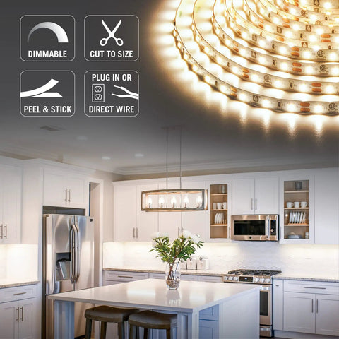 RibbonFlex Pro Plus 12V LED Strip Light Kit with 3000K Soft White illuminating a modern kitchen, includes dimmable, cuttable features.