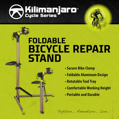 Heavy Duty Bicycle Repair Stand With 100 Lb Capacity Foldable Aluminum Frame Adjustable Clamp and Tool Tray promotional image