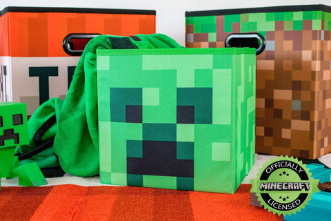 Creeper Themed Storage Cube Organizer For Kids Room 10 Inch Square Bin Minecraft Inspired Cubbies with toys and blanket
