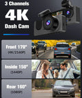 4K Front And 1080P Rear 3 Channel Dash Cam For Your Ride With 32GB Card featuring front, interior, and rear camera views.