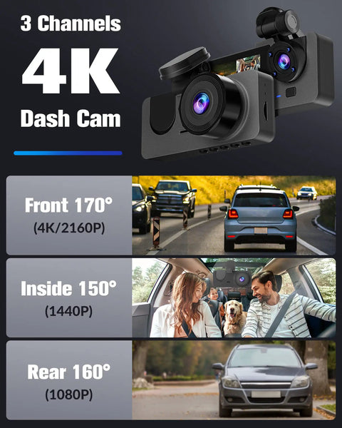 4K Front And 1080P Rear 3 Channel Dash Cam For Your Ride With 32GB Card featuring front, interior, and rear camera views.