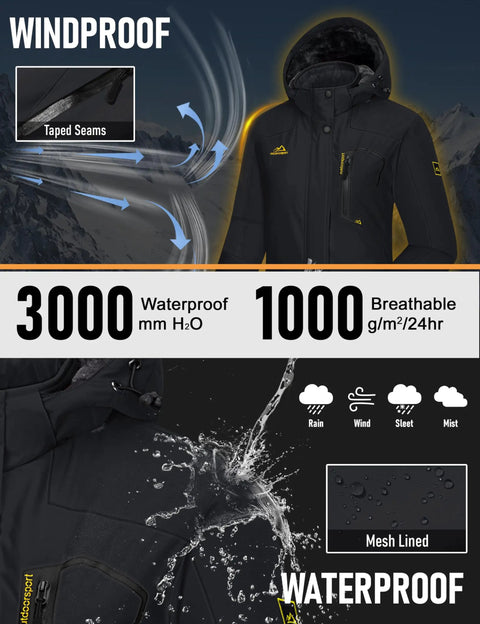 Waterproof Insulated Ladies Ski Jacket With Hood For Cold Weather Snowboarding Snow Coat Winter Jacket Black features.