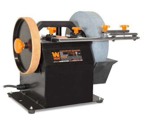 Two Direction Water Cooled Wet And Dry Sharpening System With A 10 Inch 220 Grit Stone And An 8 Inch Leather Strop Wheel in use