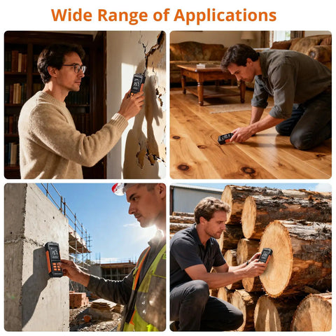 Professional Pin Moisture Meter Tailored With Dual Settings For Wood Lumber And Drywall Panels Alongside Standard Construction Frames in use on multiple surfaces.