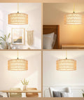 Straight Up Chic 13 Inch Gold Plug In Pendant Light With Super Smooth Rotary Dimmer Switch And Major Vibe Boho Rattan Fabric Hanging Lamp in dining setting.