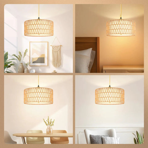 Straight Up Chic 13 Inch Gold Plug In Pendant Light With Super Smooth Rotary Dimmer Switch And Major Vibe Boho Rattan Fabric Hanging Lamp in dining setting.