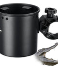 Rugged Motorcycle Cup Holder With Heavy Duty Metal Clamp For 0.6 To 1.5 Inch Range, 32 Oz Bottle Capacity next to alligator image