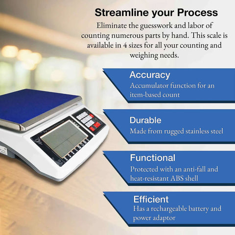 Digital Counting Scale For Parts And Coins With 1g Precision 30kg 66lb Capacity Multiple Unit Options In Kg G Lb Perfect For Inventory Counting QA Checks And Packaging In Warehouses on display with features listed.