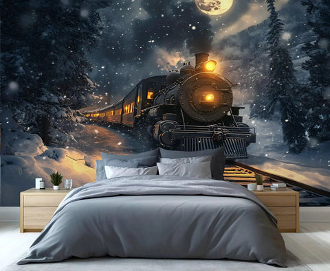 Epic Steam Locomotive Wall Mural 3D Train Wallpaper For Living Room And Bedroom Oversized 177.16 By 120 Inches