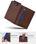 Ultra Slim Leather RFID Blocking Minimalist Wallet For Men Everyday Carry Front Pocket Bifold Travel Ready With Premium Full Grain Leather Texas Brown And 12 Month Warranty open view showing card slots and strap