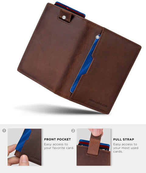Ultra Slim Leather RFID Blocking Minimalist Wallet For Men Everyday Carry Front Pocket Bifold Travel Ready With Premium Full Grain Leather Texas Brown And 12 Month Warranty open view showing card slots and strap
