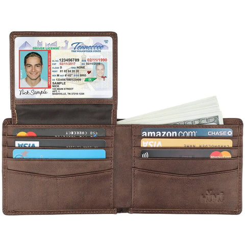 Open Men's Genuine Leather RFID Blocking Bifold Wallet With Two ID Windows Vegetable Tanned Cowhide Coffee Galaxy Finish showing cards and ID