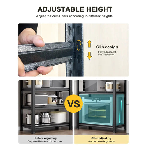 Adjustable clip design on Heavy Duty Metal Five Tier Storage Shelving Unit For Garage, Home And Office, 63 Inch Tall, Black Finish
