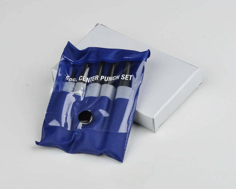 Image of Center Punch 5 Piece Set for Metalworking, Pro Grade Chrome Alloy Steel With Hardened Ends in blue pouch on box.