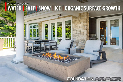 Top Shelf Solvent Based Silane Siloxane Concrete Sealer For Brick Pavers And Natural Stone With Sleek Matte Water Repelling Finish 5 Gallon Drum Kickbutt Masonry Protection applied to exterior patio with fire pit.