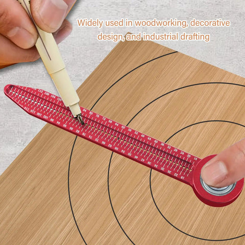 User marking a circle with Pro Shop Quality Woodworking Compass Scriber on wooden board for precise measurements.