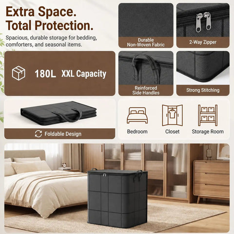 Kick Clutter To The Curb Two Pack Of XXL Foldable Moving Bins With Heavy Duty Reinforced Handles For Straight Up Durability Large Capacity Clothes And Blanket Storage in a stylish bedroom setting.