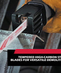 Reciprocating saw blade set: white blade being inserted into a black blade storage case, brown-gloved hand visible.