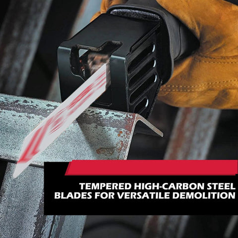 Reciprocating saw blade set: white blade being inserted into a black blade storage case, brown-gloved hand visible.