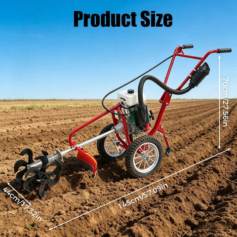 Rugged 4HP 63cc Gas Powered Garden Tiller With Wheels 4 Stroke Rototiller for plowing and tilling dirt, field background, measurements shown.
