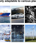 Easily adaptable to various places, showcasing a cargo ship, electric car, industrial machinery, and wind turbines.