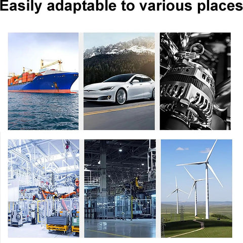 Easily adaptable to various places, showcasing a cargo ship, electric car, industrial machinery, and wind turbines.