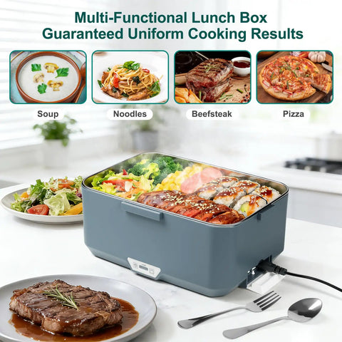Electric Lunch Box For Adults, 100W 3.5L Two-Layer Heated Food Warmer With 304 Stainless Steel on kitchen counter with meals