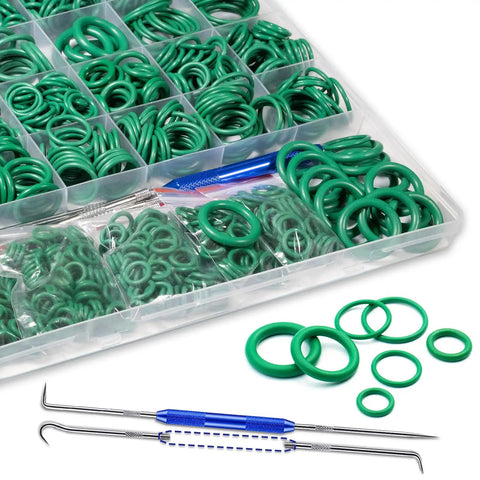 595 Piece Metric And SAE Air Conditioning O Ring Kit For Automotive AC, NBR 70 Shore Rubber, toolkit and O-ring picks visible