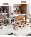 Before and after using Water Hyacinth Wicker Storage Baskets For Organizing On Shelves And In Pantry White Two Pack.