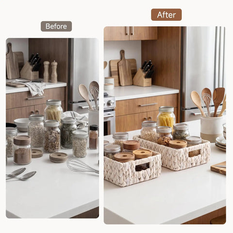 Before and after using Water Hyacinth Wicker Storage Baskets For Organizing On Shelves And In Pantry White Two Pack.
