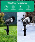 Low Voltage LED Landscape Lights 4 Pack, 3.2W 240LM, 3000K Warm White, 35 Degree Beam, CRI 80, ETL Listed Waterproof Outdoor Spotlights weather resistance shown in rain and snow.