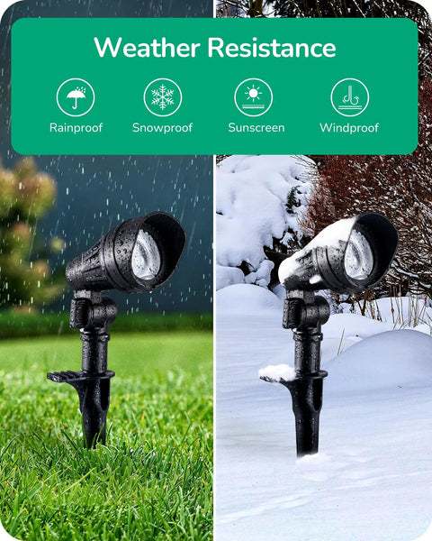 Low Voltage LED Landscape Lights 4 Pack, 3.2W 240LM, 3000K Warm White, 35 Degree Beam, CRI 80, ETL Listed Waterproof Outdoor Spotlights weather resistance shown in rain and snow.