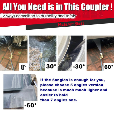 Meteor Blast pivoting pressure washer coupler with five-angle spray options and 1/4-inch quick-connect