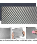 Laserable Leather Sheets 12x24 Carbon Fiber Veneer Leatherette Patch For CO2 Laser Engraving DIY Craft Supplies Faux Leather For Wallets Bags Hats Jackets Shirts And More In Silver And Black, showing close-up texture and waterproof feature.