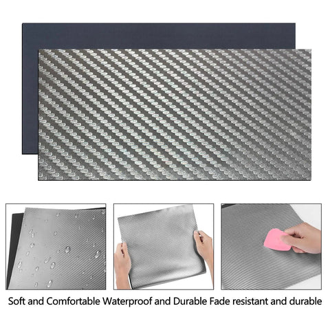 Laserable Leather Sheets 12x24 Carbon Fiber Veneer Leatherette Patch For CO2 Laser Engraving DIY Craft Supplies Faux Leather For Wallets Bags Hats Jackets Shirts And More In Silver And Black, showing close-up texture and waterproof feature.